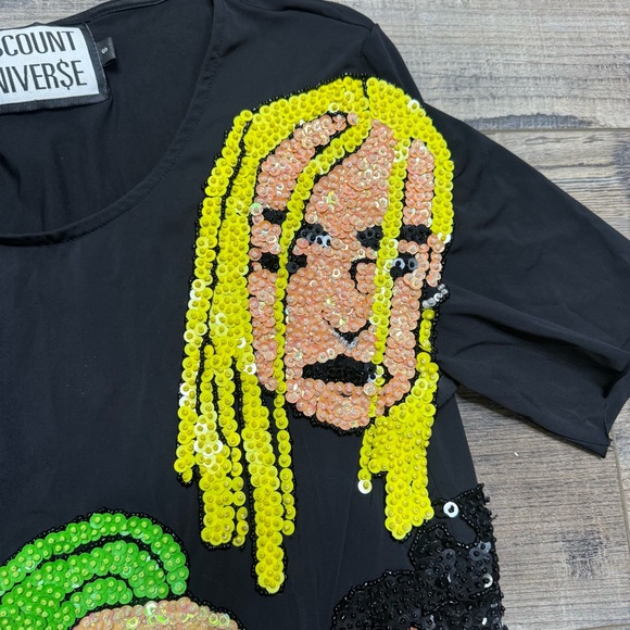 Discount Universe Black Graphic T-Shirt Dress with Colorful Sequin Faces - Picture 3 of 11